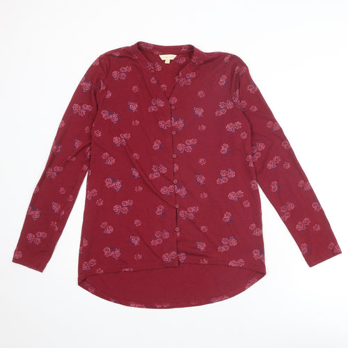 Plum Tree Womens Red Floral Polyester Basic Button-Up Size 8 V-Neck