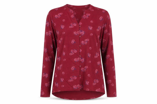 Front view of Plum Tree women’s red floral polyester basic button-up, size UK 8, v-neck