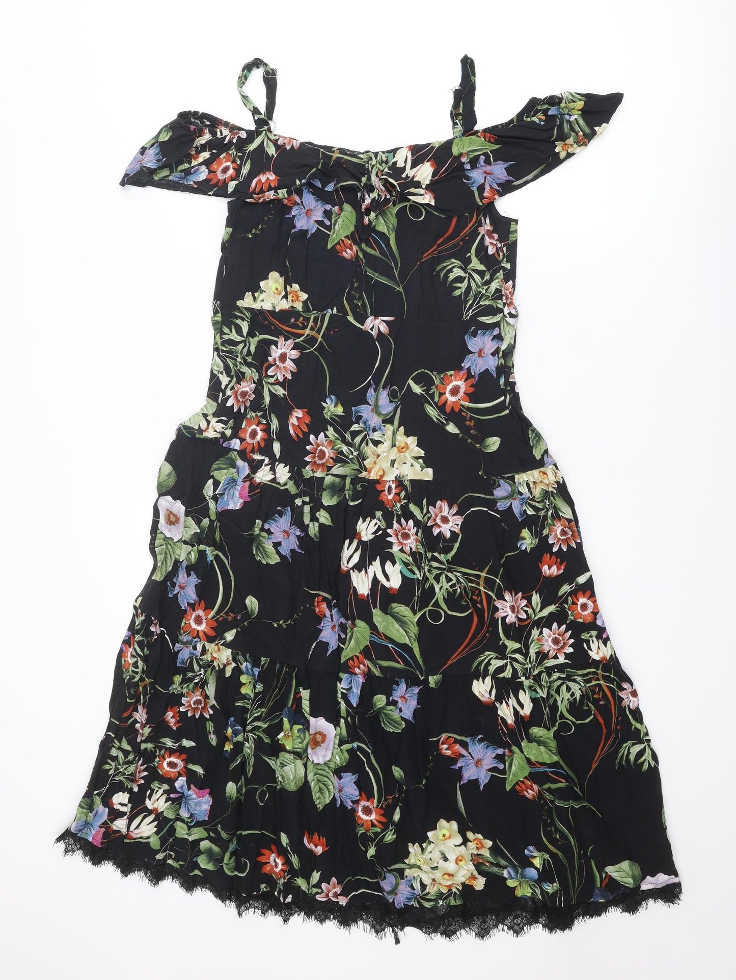 Klass Womens Multicoloured Floral Viscose A-Line Size 12 Round Neck Pullover - Cold shoulder