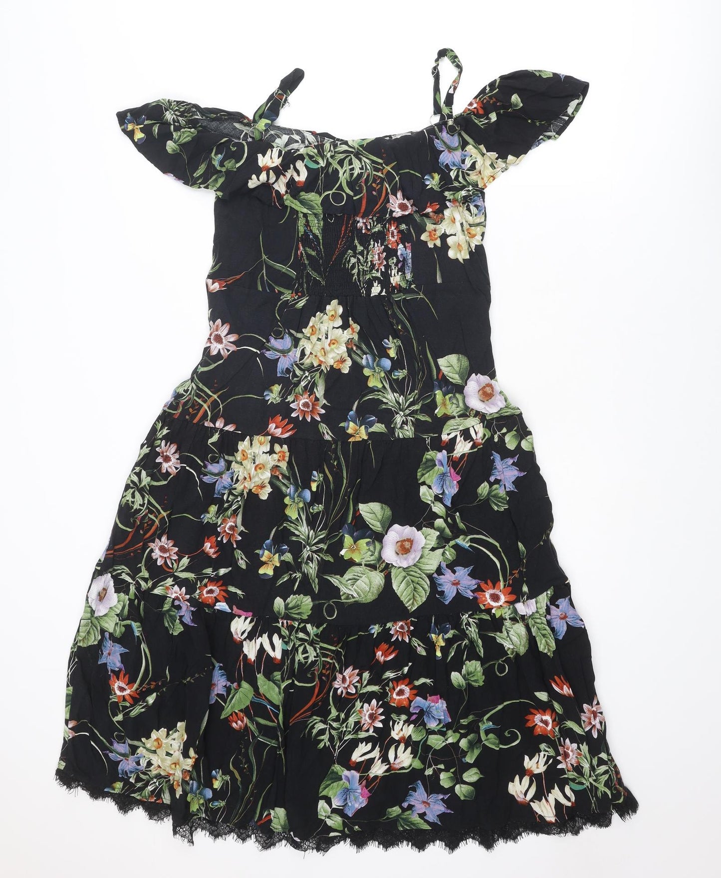 Klass Womens Multicoloured Floral Viscose A-Line Size 12 Round Neck Pullover - Cold shoulder