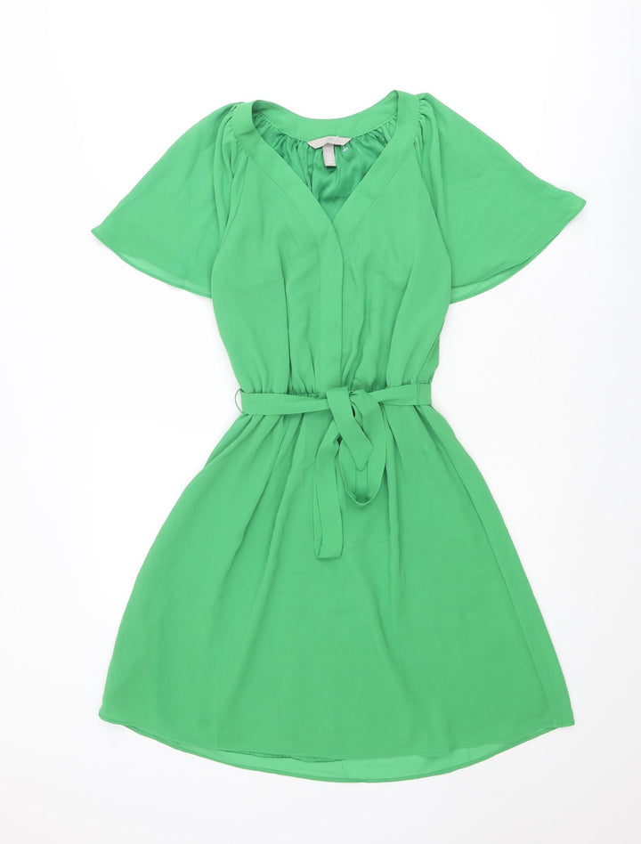 H&M Womens Green Polyester A-Line Size XS V-Neck Button