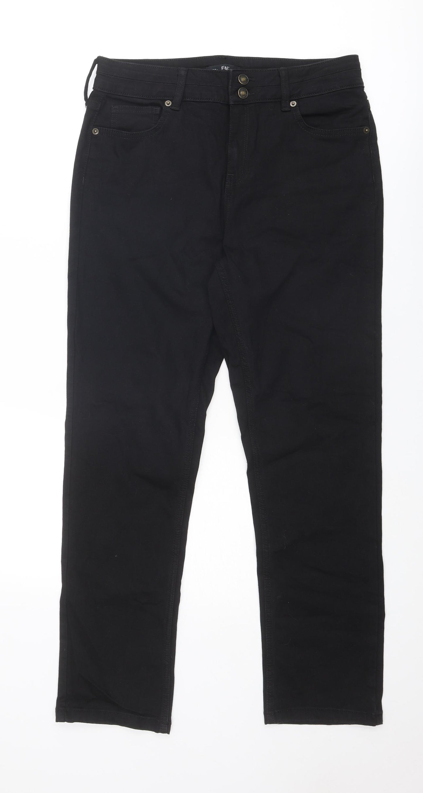F&F Womens Black Cotton Straight Jeans Size 14 Regular Zip