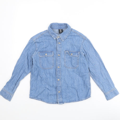 H&M Boys Blue Cotton Basic Button-Up Size 6-7 Years Collared Snap