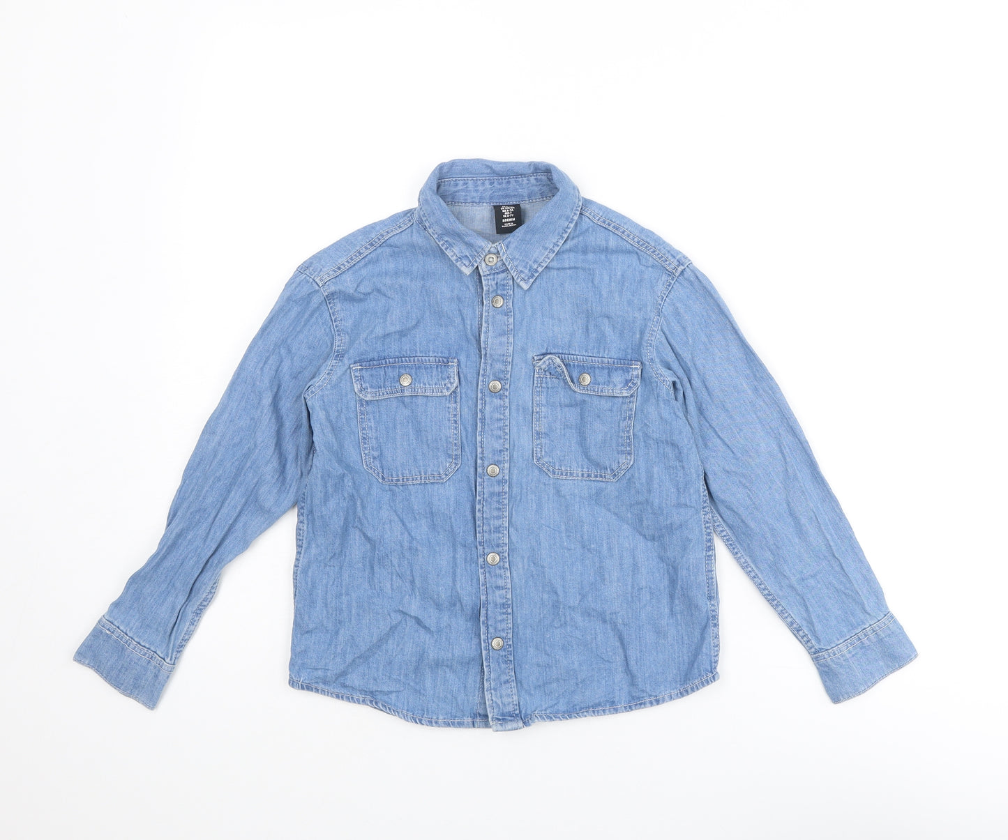 H&M Boys Blue Cotton Basic Button-Up Size 6-7 Years Collared Snap