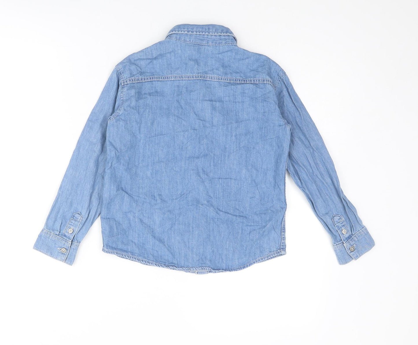 H&M Boys Blue Cotton Basic Button-Up Size 6-7 Years Collared Snap