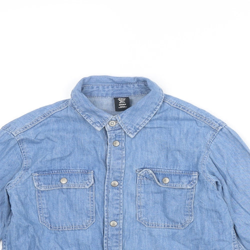 H&M Boys Blue Cotton Basic Button-Up Size 6-7 Years Collared Snap
