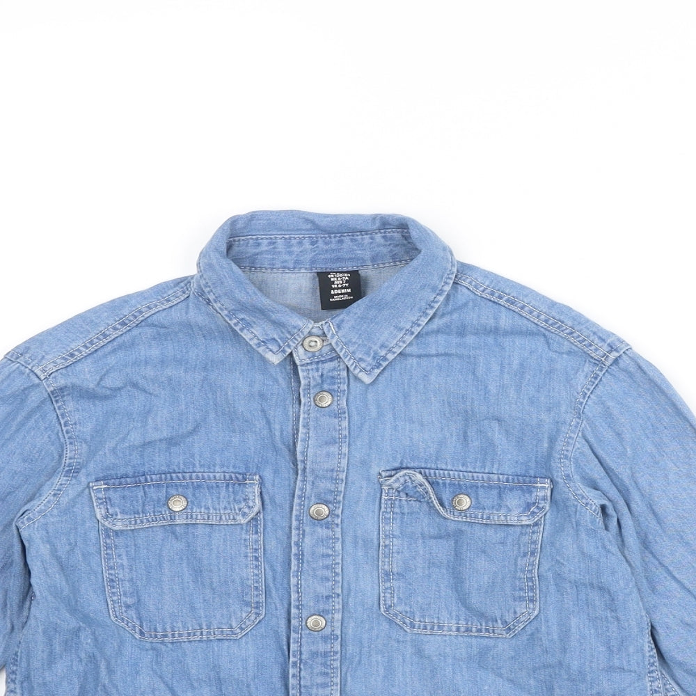 H&M Boys Blue Cotton Basic Button-Up Size 6-7 Years Collared Snap