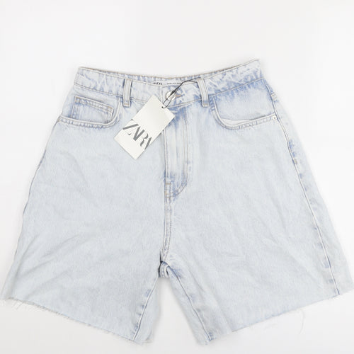 Zara Womens Blue Cotton Mom Shorts Size 10 Regular Zip