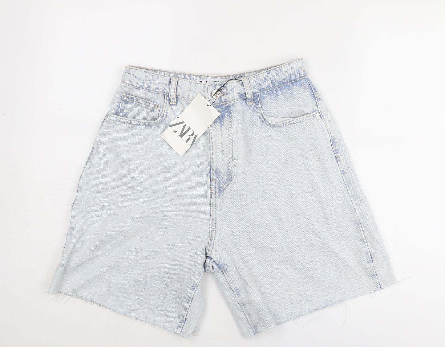 Zara Womens Blue Cotton Mom Shorts Size 10 Regular Zip