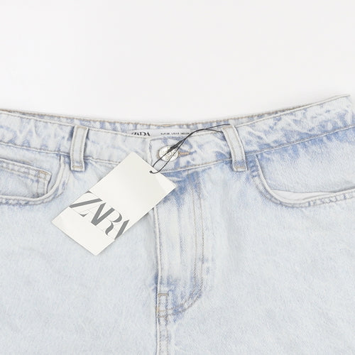 Zara Womens Blue Cotton Mom Shorts Size 10 Regular Zip