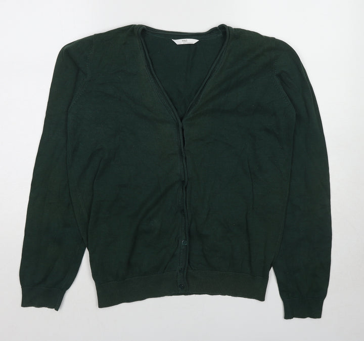 Marks and Spencer Boys Green V-Neck Cotton Cardigan Jumper Size 15-16 Years Button