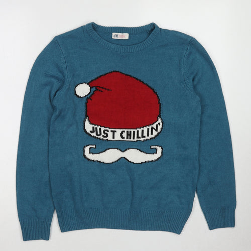 H&M Boys Blue Round Neck Acrylic Pullover Jumper Size 12-13 Years Pullover - Size 12-14 Just Chillin' Christmas
