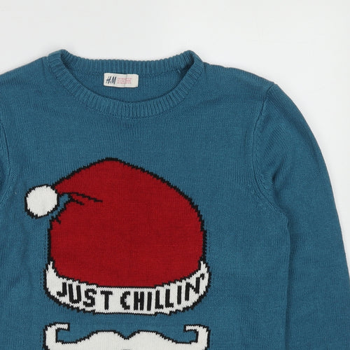 H&M Boys Blue Round Neck Acrylic Pullover Jumper Size 12-13 Years Pullover - Size 12-14 Just Chillin' Christmas