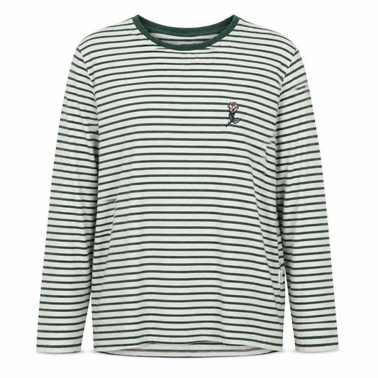 Front view of Shore Leave women’s green striped cotton pullover sweatshirt, size L, pullover