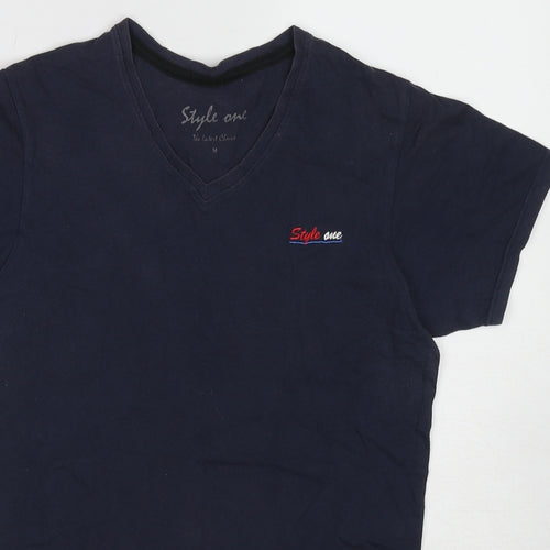 Style One Womens Blue Cotton Basic T-Shirt Size M V-Neck