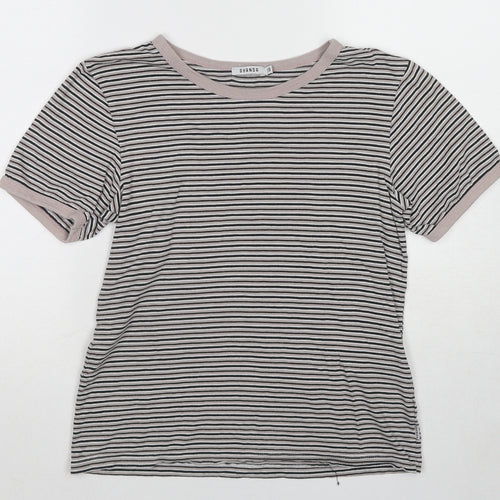 Ghanda Womens Beige Striped Cotton Basic T-Shirt Size 10 Round Neck