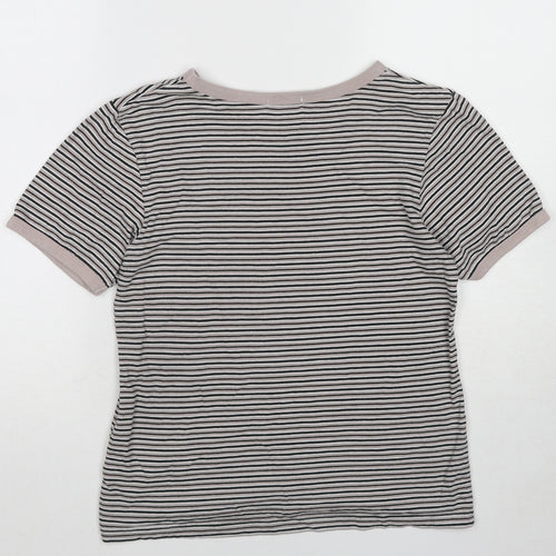 Ghanda Womens Beige Striped Cotton Basic T-Shirt Size 10 Round Neck