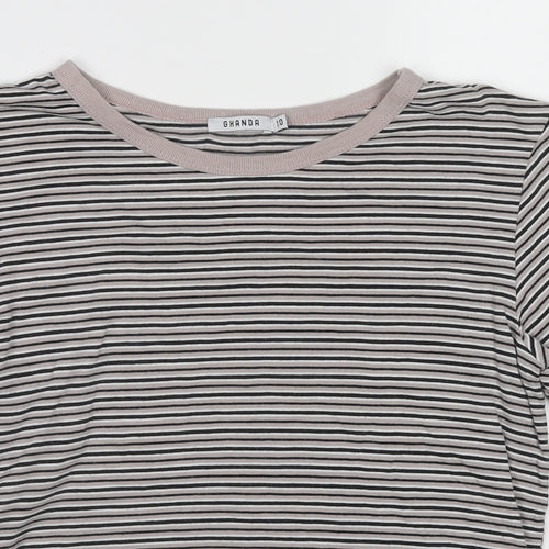 Ghanda Womens Beige Striped Cotton Basic T-Shirt Size 10 Round Neck