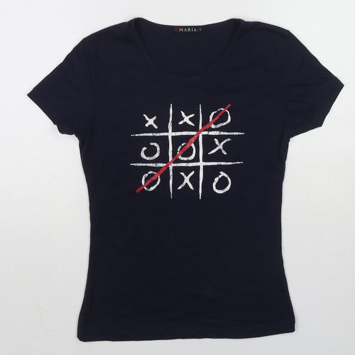 Maria Womens Blue Cotton Basic T-Shirt Size S Round Neck - Tic-Tac-Toe