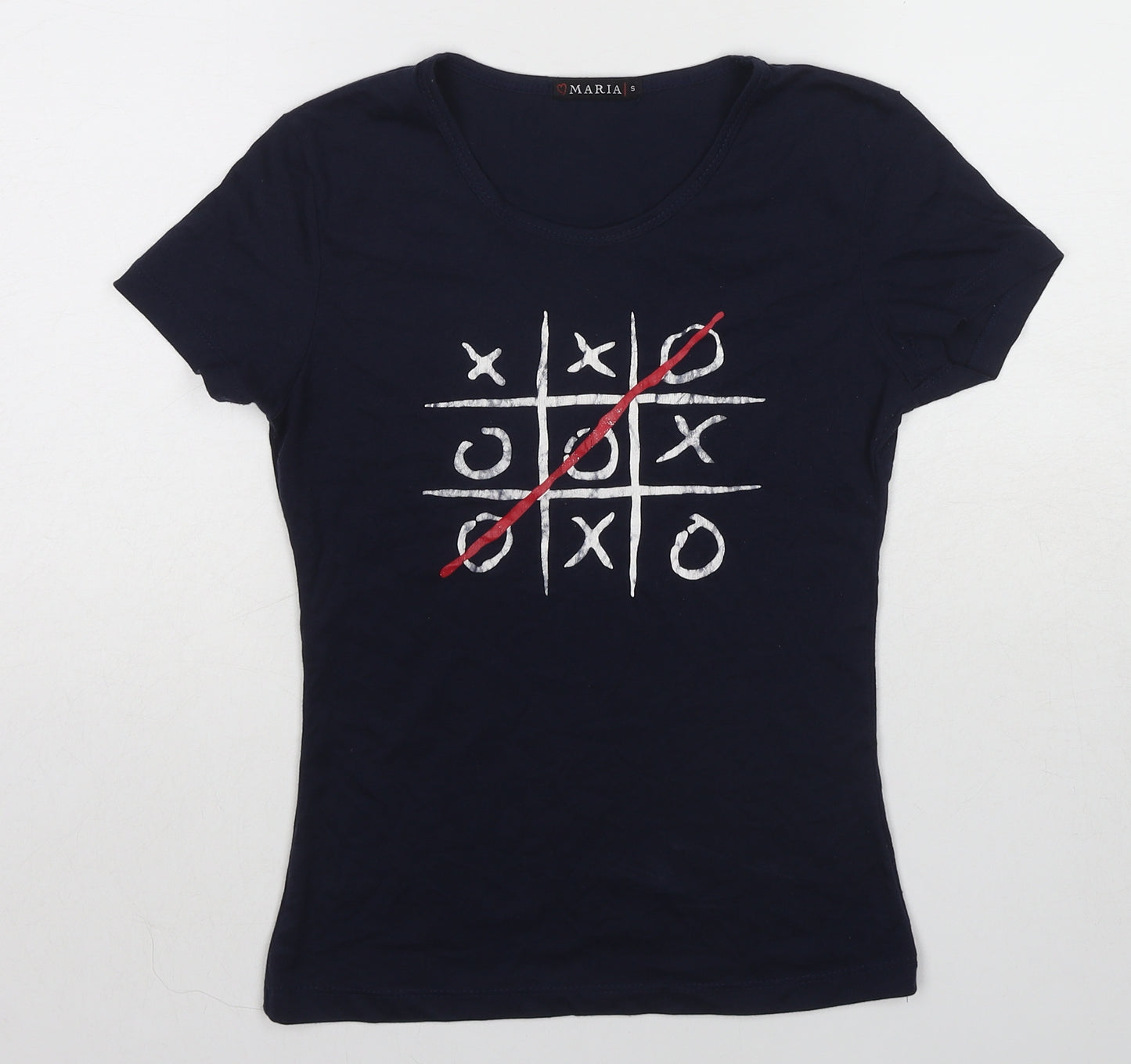 Maria Womens Blue Cotton Basic T-Shirt Size S Round Neck - Tic-Tac-Toe