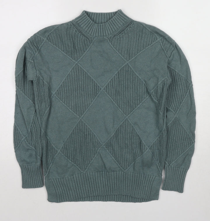Marks and Spencer Womens Green High Neck Argyle/Diamond Cotton Pullover Jumper Size S