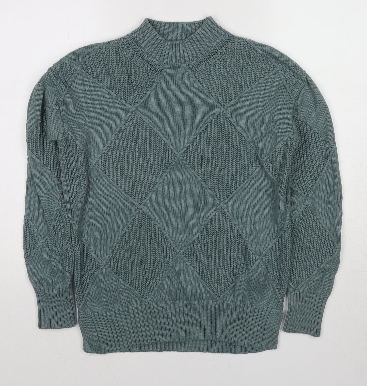 Marks and Spencer Womens Green High Neck Argyle/Diamond Cotton Pullover Jumper Size S