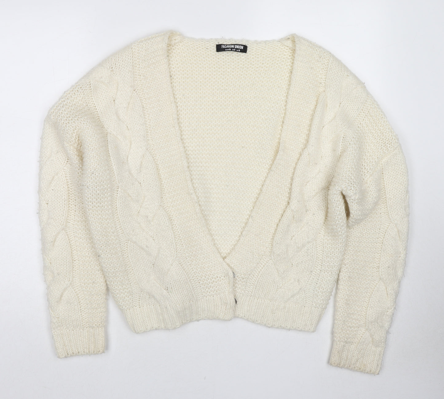 Fashion Union Womens White V-Neck Acrylic Cardigan Jumper Size 10