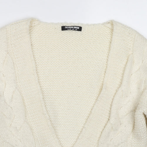 Fashion Union Womens White V-Neck Acrylic Cardigan Jumper Size 10