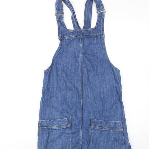 Topshop Womens Blue Cotton Pinafore/Dungaree Dress Size 6 Square Neck Pullover