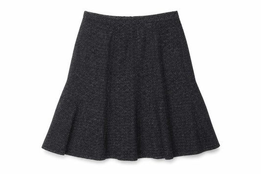 Front view of Marks & Spencer women’s blue geometric acrylic swing skirt, size UK 14, zip