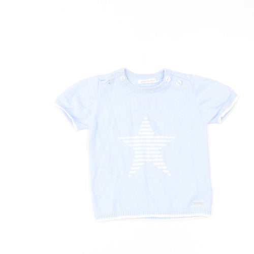 Mintini Boys Blue Cotton Basic T-Shirt Size 12-18 Months Round Neck Button - Star Print