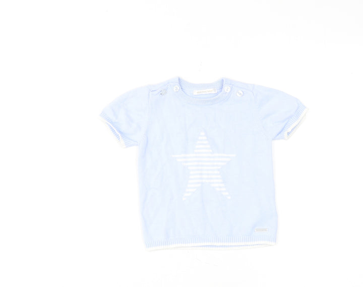 Mintini Boys Blue Cotton Basic T-Shirt Size 12-18 Months Round Neck Button - Star Print