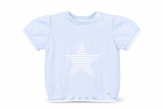 Front view of Mintini boys’ blue cotton basic t-shirt, size 12-18, months round neck button - star print