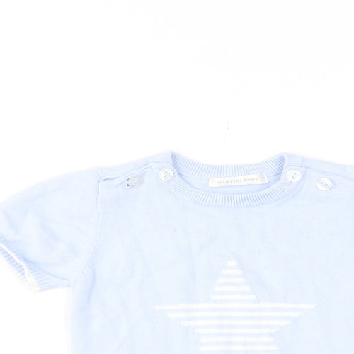 Mintini Boys Blue Cotton Basic T-Shirt Size 12-18 Months Round Neck Button - Star Print