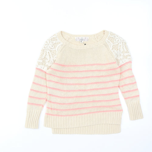 Pink Republic Womens Beige Round Neck Striped Cotton Pullover Jumper Size 4 - Lace Detail