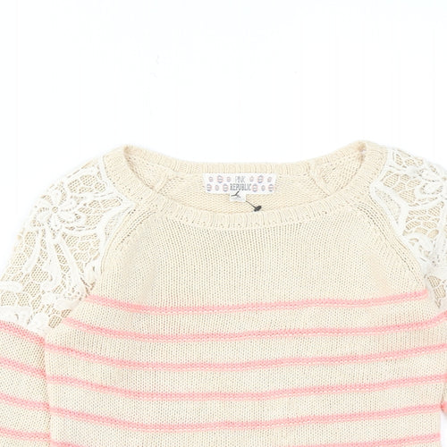 Pink Republic Womens Beige Round Neck Striped Cotton Pullover Jumper Size 4 - Lace Detail