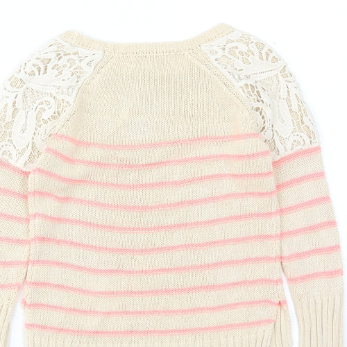 Pink Republic Womens Beige Round Neck Striped Cotton Pullover Jumper Size 4 - Lace Detail