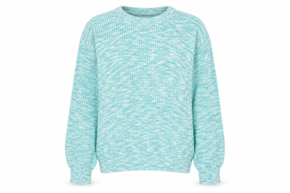 Front view of Matrix women’s blue round neck acrylic jumper, size M