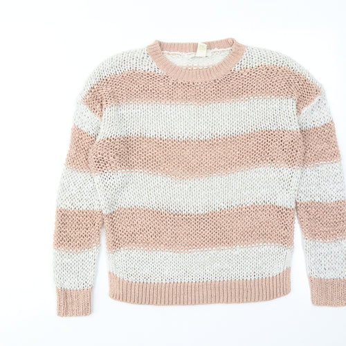 FOREVER 21 Womens Pink Round Neck Striped Cotton Pullover Jumper Size S