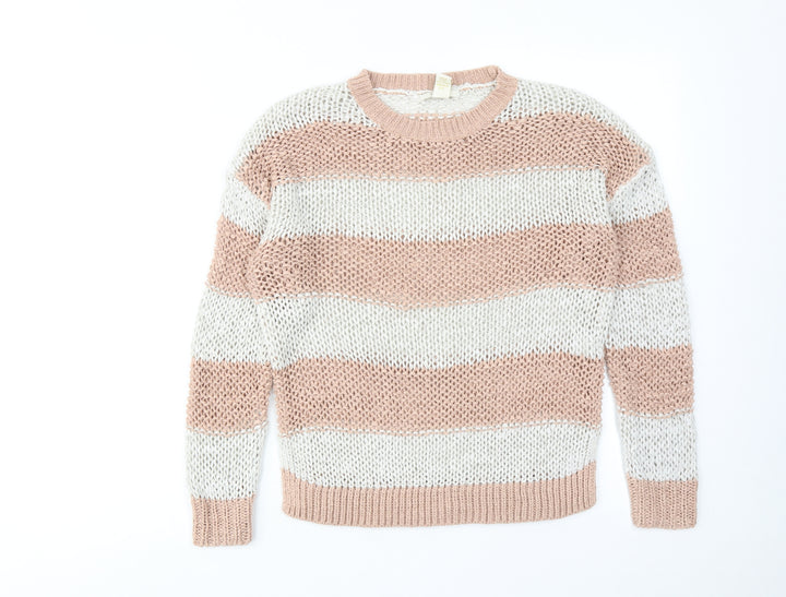 FOREVER 21 Womens Pink Round Neck Striped Cotton Pullover Jumper Size S