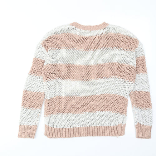 FOREVER 21 Womens Pink Round Neck Striped Cotton Pullover Jumper Size S