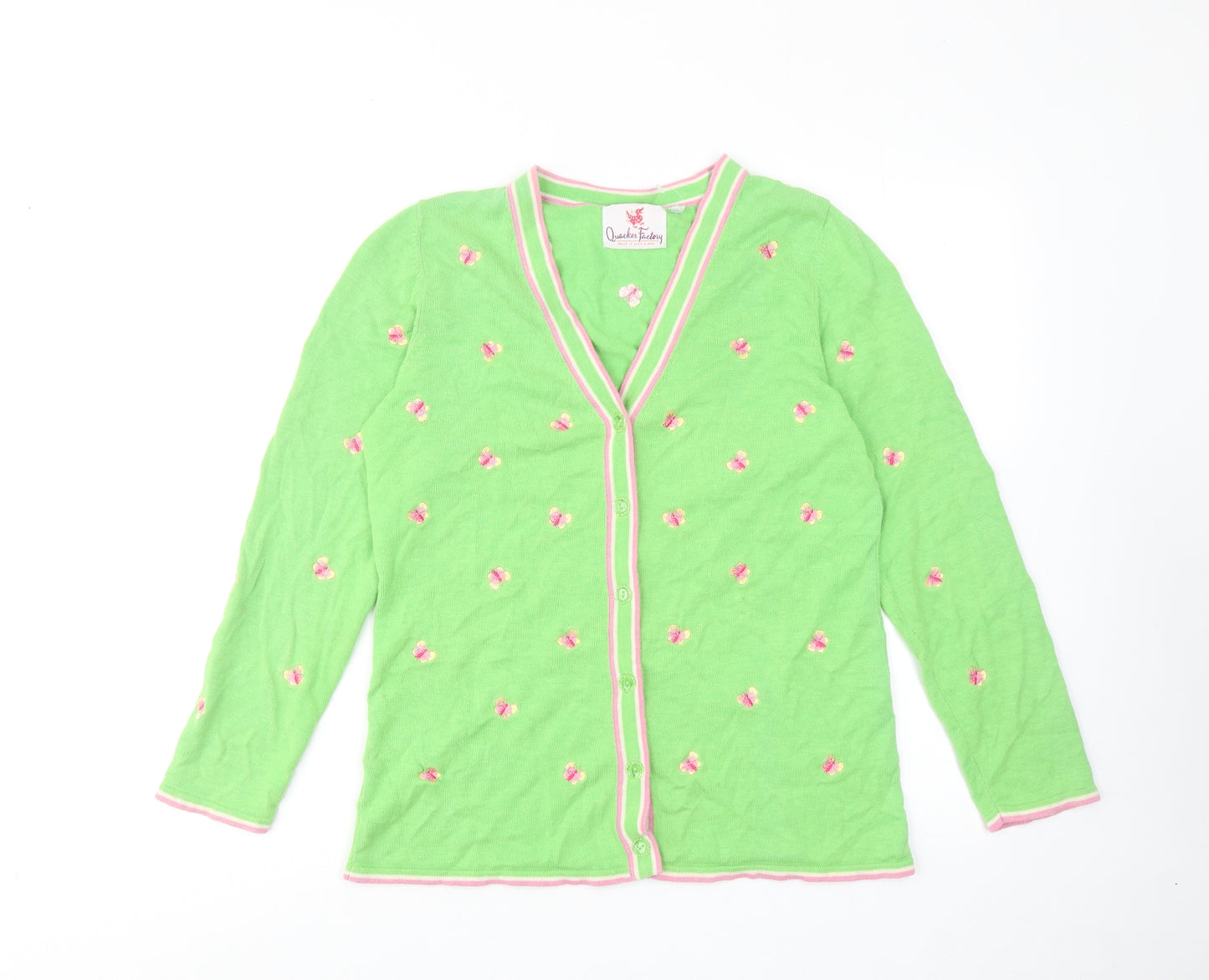 Quacker Factory Womens Green V-Neck Geometric Acrylic Cardigan Jumper Size XS - Butterfly