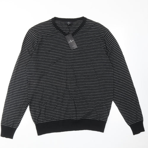 Jeff Banks Mens Black V-Neck Striped Cotton Pullover Jumper Size S Long Sleeve