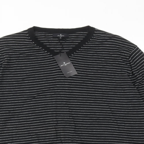 Jeff Banks Mens Black V-Neck Striped Cotton Pullover Jumper Size S Long Sleeve