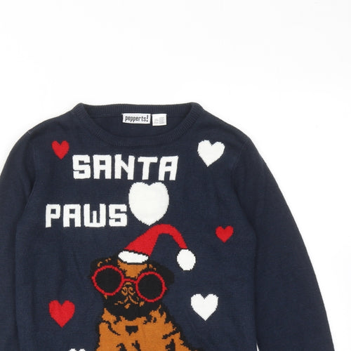 Pepperts Boys Blue Round Neck Acrylic Pullover Jumper Size 8-9 Years Pullover - Santa Paws Christmas