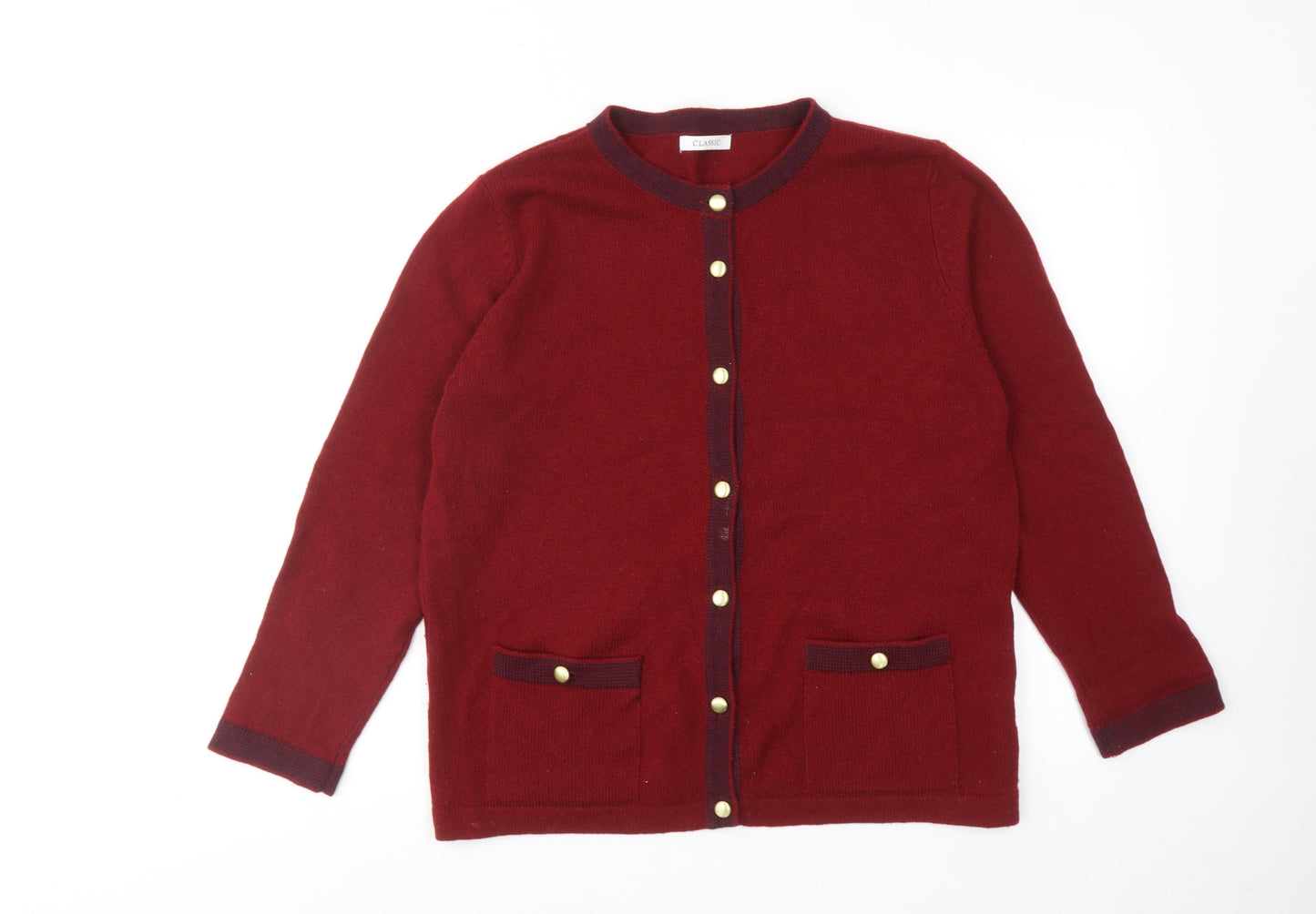 Classic Womens Red Round Neck Acrylic Cardigan Jumper Size 16