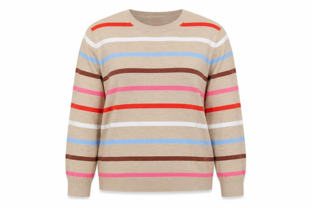 Front view of Marks & Spencer women’s multicoloured round neck striped acrylic jumper, size UK 14
