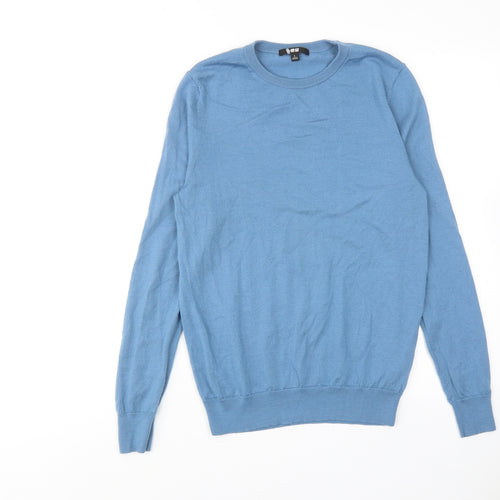 Uniqlo Mens Blue Round Neck Wool Pullover Jumper Size L Long Sleeve