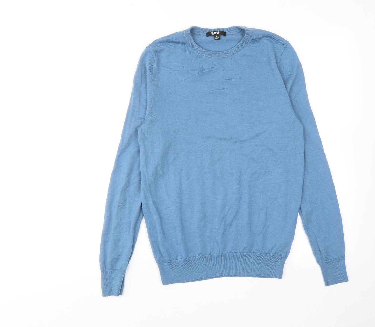 Uniqlo Mens Blue Round Neck Wool Pullover Jumper Size L Long Sleeve