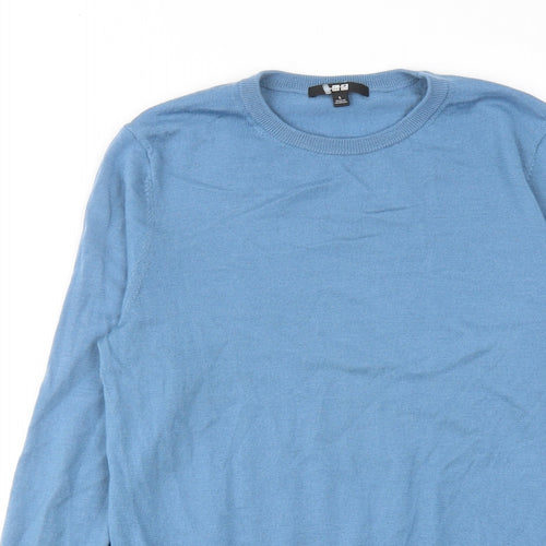 Uniqlo Mens Blue Round Neck Wool Pullover Jumper Size L Long Sleeve